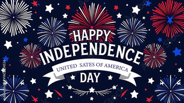 Fototapeta Happy 4th of July fireworks - Independence Day USA blue background. 4th of July, Independence day - greeting design with USA patriotic colors firework burst rays. Fourth July typography US flag