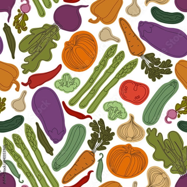 Fototapeta Seamless pattern with vegetables. Vegetarian menu. Eggplant, tomato, beets, peas, pepper, zucchini, radish, cucumber, broccoli, garlic, onions, carrots, okra, asparagus. Vector illustration.