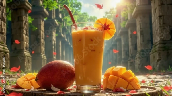 Obraz A vibrant tropical drink sits on a wooden surface amidst lush greenery and ancient stone pillars. Fresh mango slices and a whole mango are nearby, creating a serene atmosphere
