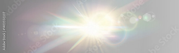Fototapeta Abstract glowing starburst light with golden rays on dark purple background, creating a soft, radiant, and dynamic effect. Perfect for designs, backdrops, or visual themes.
