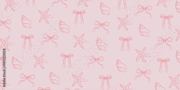 Obraz Coquette summer seamless pattern with pink bows, shells, and starfish for backgrounds, presentations, wrapping papers, prints, artworks. Vector illustration	