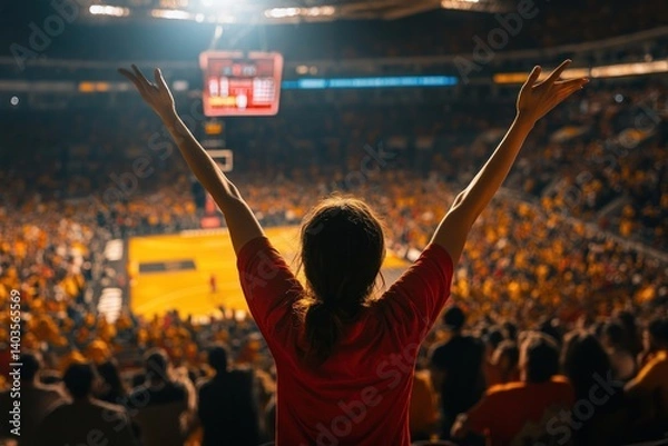 Fototapeta A passionate basketball fan celebrates a victory in a packed stadium, arms raised in excitement while supporters cheer. An energetic, vibrant atmosphere.