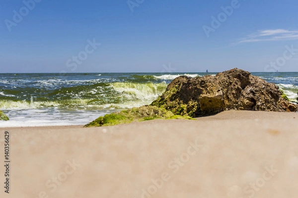 Fototapeta Big stones on the beach with seaweed