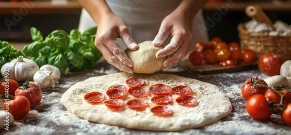 Obraz Woman making pepperoni pizza kitchen table