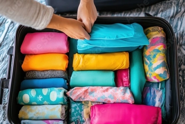Fototapeta A person neatly packs colorful clothing items into a suitcase, using packing cubes for an organized vacation trip.
