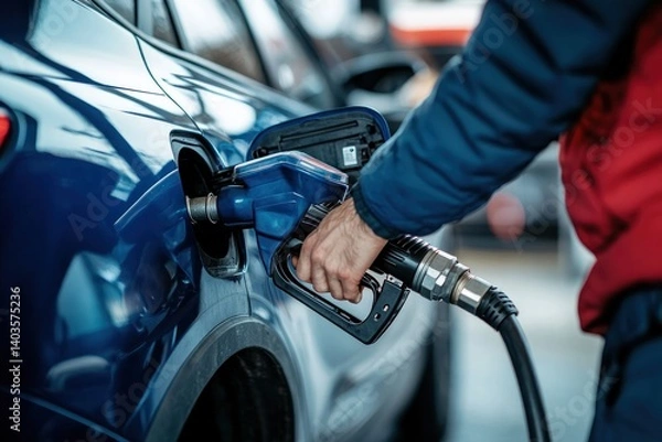Fototapeta A person refuels their blue car at a gas station, ensuring vehicle readiness and optimal performance.