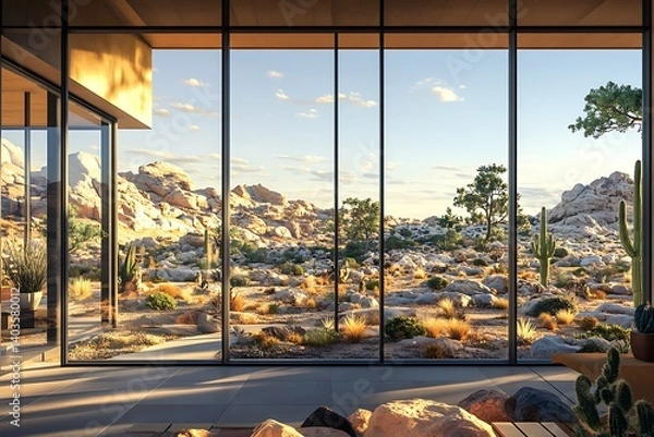 Fototapeta A large modern home with wide windows providing a clear view of a rocky desert, with scattered cacti and warm tones throughout the landscape