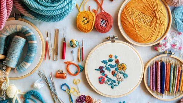Obraz Vibrant Threads and Embroidery Tools on a Craft Table Scene