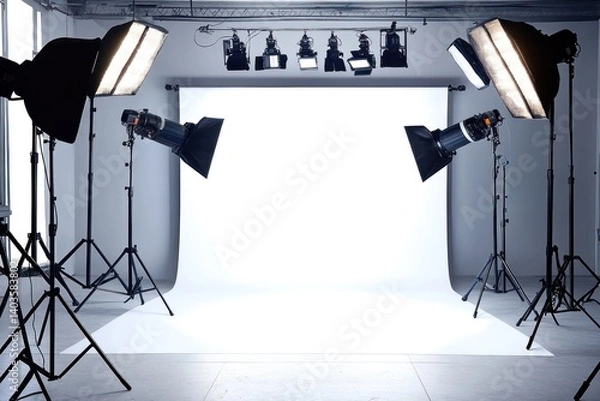 Fototapeta A pro studio setup with seamless white backdrop and professional lighting, ideal for fashion or product photography.