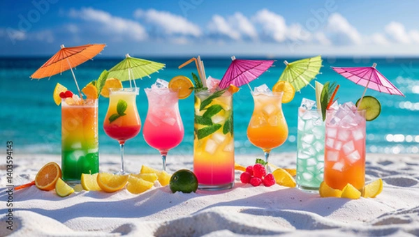 Fototapeta A row of refreshing cocktails on a sunny beach with umbrellas and fresh fruit.