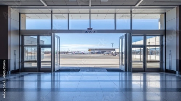 Obraz Airport terminal exit showcasing planes on the tarmac through open doors