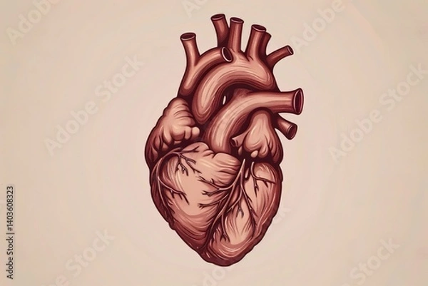 Obraz Intricate anatomical heart drawing with veins and arteries on beige background.