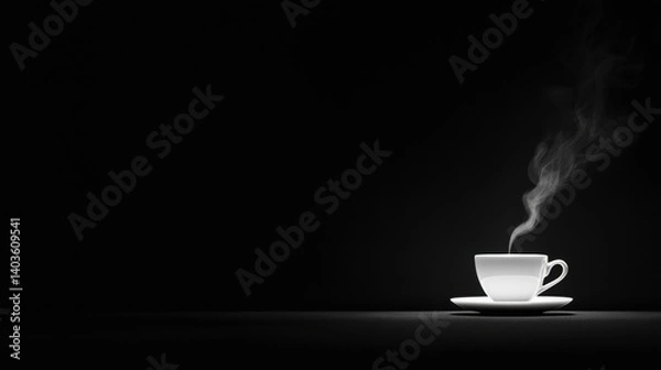 Fototapeta A white cup of coffee on a saucer, with steam rising from it.