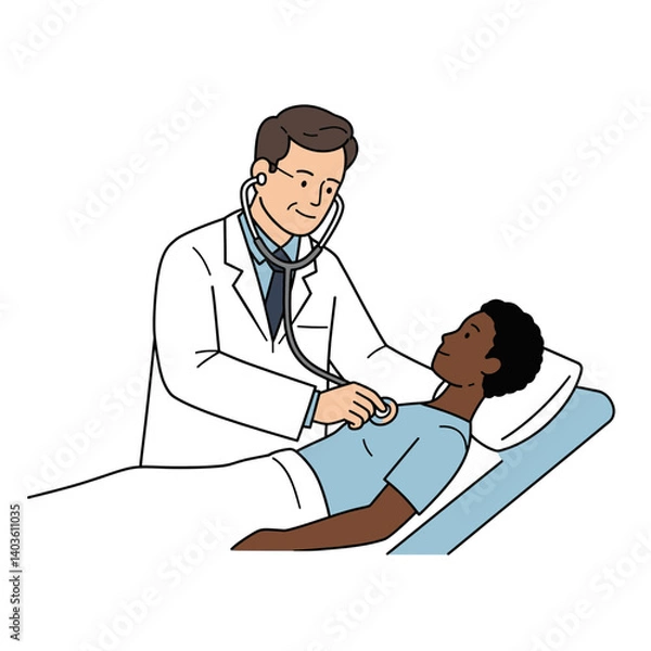 Fototapeta Doctor examining patient: A doctor using a stethoscope to examine a patient lying on an examination table. The illustration is clean and simple.
