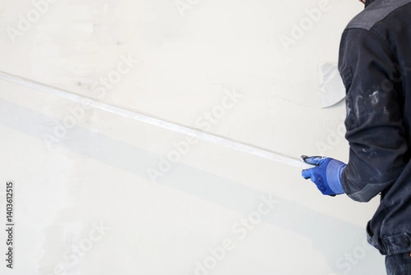 Fototapeta A metal rule for leveling plaster on walls. Applying gypsum plaster in a mechanized way to the wall. High quality photo