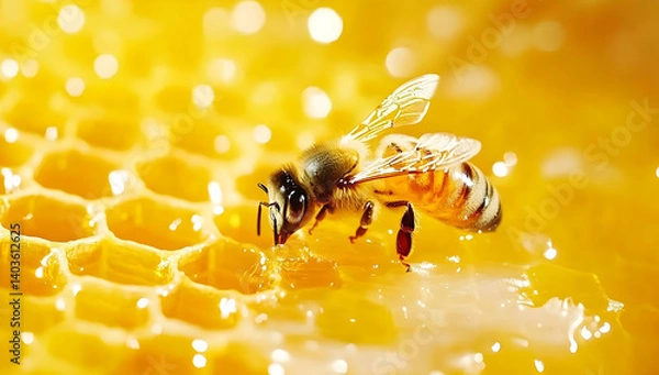 Fototapeta Macro Shot of Bee Collecting Honey on Golden Honeycomb with Beautiful Lighting and Yellow Tones