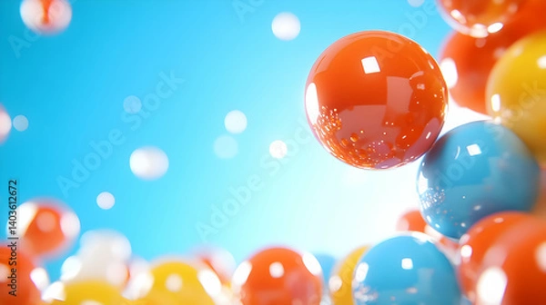 Fototapeta Macro Shot of Blue Orange and Yellow Spheres with Shiny Surface on a Soft Blue Gradient Background