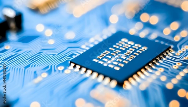 Fototapeta Macro Shot of Blue Electronic Circuit Board with Microchips and Golden Connections in Technology Theme