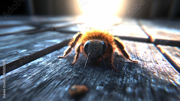 Fototapeta Macro Shot of Bee on Wooden Surface with Dripping Honey and Honeycomb in Soft Lighting