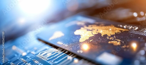 Fototapeta Macro Shot of Golden World Map Credit Card on Blue Circuit Board Background with Artificial Lighting and Bokeh