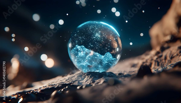 Fototapeta Magical Blue Orb Casting a Mystical Glow over the Rock Surface in 3D Render