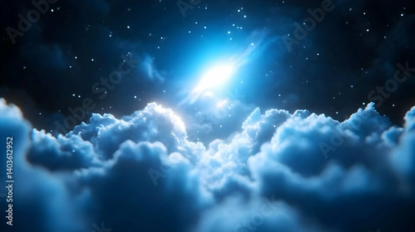 Fototapeta Magical Night Sky Featuring Soft White Clouds Illuminated by Moonlight and Scattered Stars in a Celestial Dreamscape