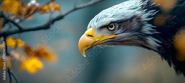 Fototapeta Majestic Bald Eagle Profile with Yellow Beak and Detailed Feathers Against a Neutral Backdrop