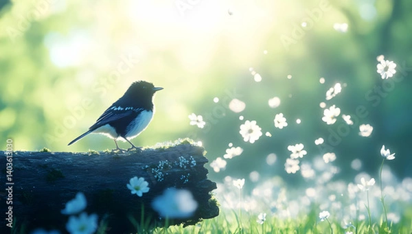Fototapeta Magpie Perched on Mossy Log Surrounded by White Daisies in Sunny Meadow Pixel Art Style