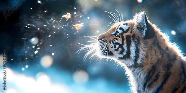Fototapeta Magnificent Portrait of Striped Tiger with Open Mouth and Whiskers with Cold Breath in Winter Against Defocused Blue Backdrop