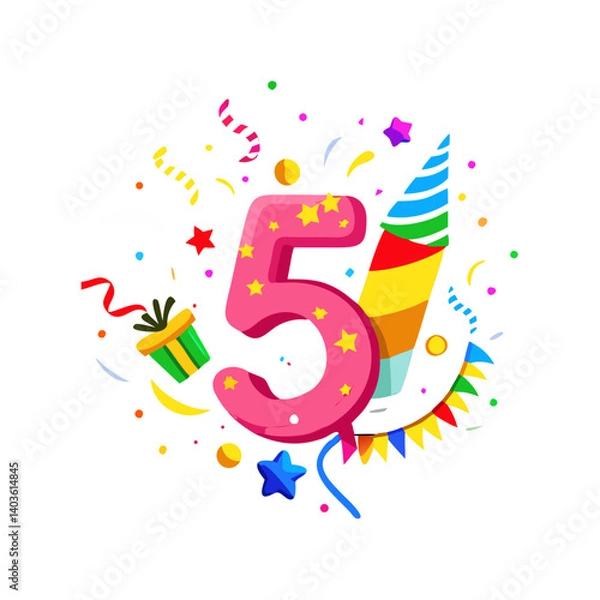 Fototapeta Number 5 with party horn and confetti splash