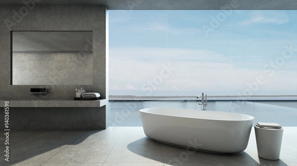 Obraz Bathroom design Modern & Loft in House pool villa take view sea -3D render