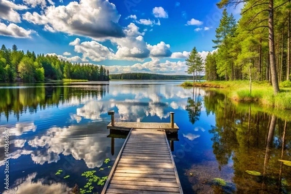 Obraz Sunny summer day in Finland with a serene lake, rustic wooden dock, and forest under blue skies