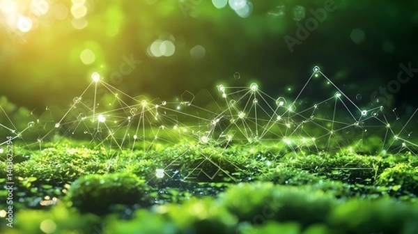 Obraz Visualizing the power of hydrogen energy with a futuristic design featuring glowing symbols floating in a lush green field  This digital showcases the clean