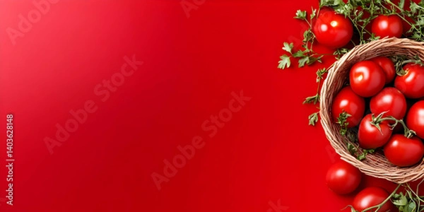 Fototapeta Red Cherry Tomatoes and Parsley in Basket on a Vibrant Red Background Top View