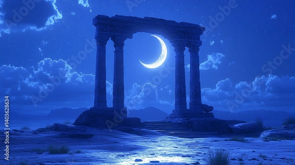 Fototapeta Ancient ruins, moonlight, and a crescent moon archway.