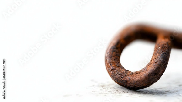 Fototapeta Rusty Metallic Hook Exhibiting Heavy Corrosion and Oxidation on White Surface in Close Up Macro Shot