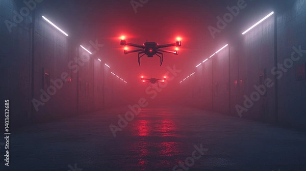 Fototapeta Two drones fly through a fog-filled, neon-lit corridor.