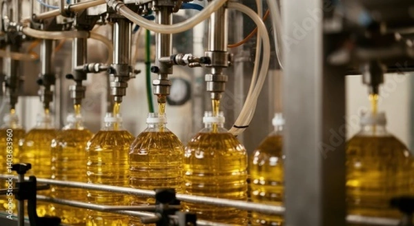 Fototapeta Automated bottling line for edible oil production in a modern factory