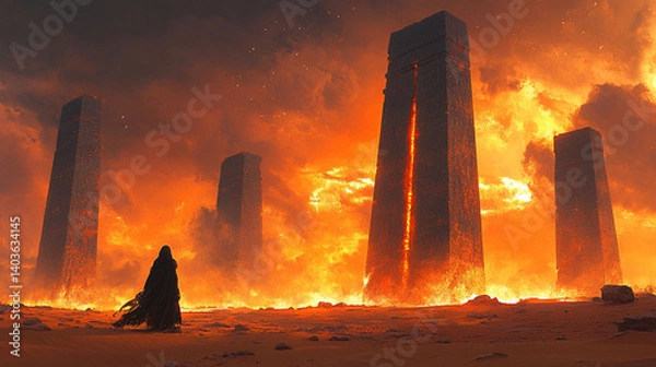Fototapeta Fiery desolation engulfs ancient, looming structures.