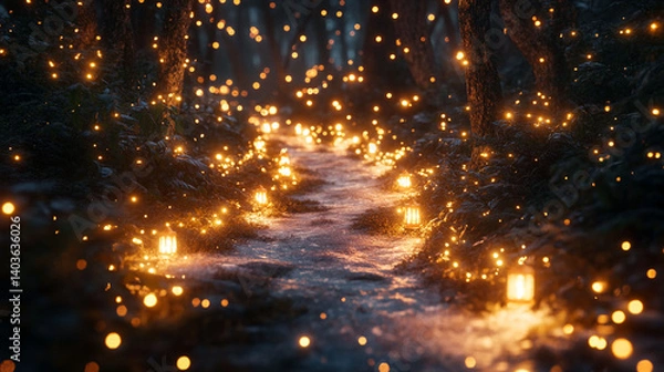 Fototapeta Enchanting winter forest path illuminated by glowing lanterns.
