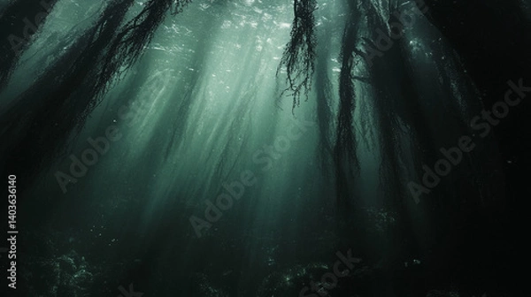 Fototapeta Underwater kelp forest, illuminated by sunlight filtering through the water.