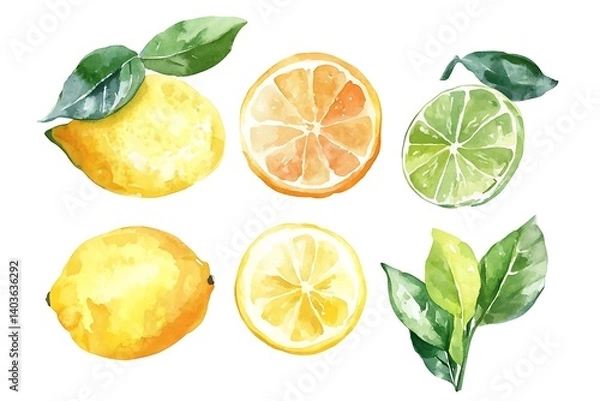 Fototapeta Watercolor citrus fruits lemon, lime, orange slices and leaves.