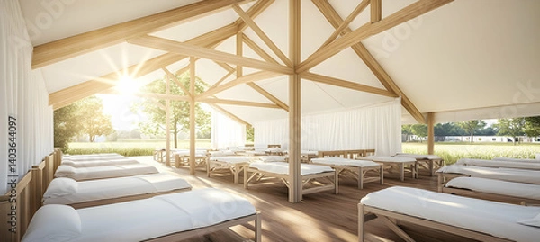 Fototapeta Sunny Morning Light Shining Through Windows in Spacious Room with Wooden Beam Structure and Rows of White Cots Creating a Peaceful Atmosphere