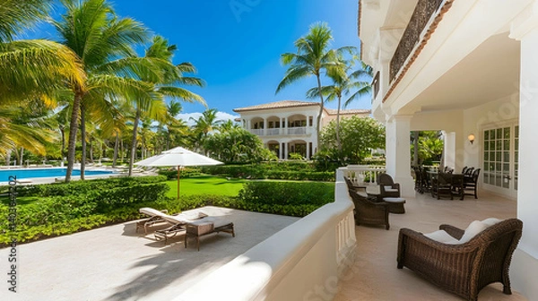 Obraz Tranquil Villa Exterior with Lush Greenery Swimming Pool and Sunny Blue Sky Architecture Features White Facade on Tropical Landscape