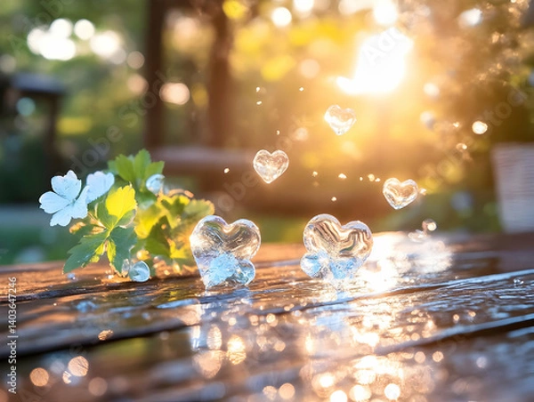 Obraz Transparent Heart Ornaments and White Flowers on Wooden Table Bathed in Golden Sunlight