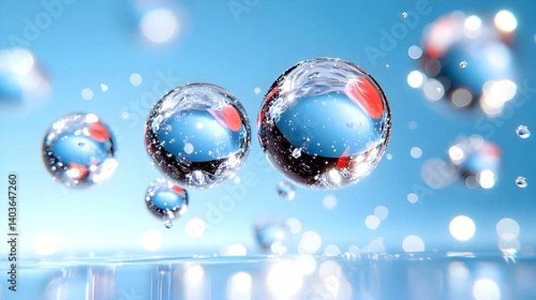 Obraz Translucent Water Spheres with Red Accents on Light Blue Surface and Blurred Background