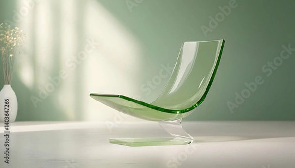 Obraz Transparent Green Glass Chair with Minimalist Design on Smooth White Surface in Soft Lighting