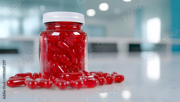Obraz Transparent Jar with Red Capsules on White Table in Brightly Lit Room for Medical Usage