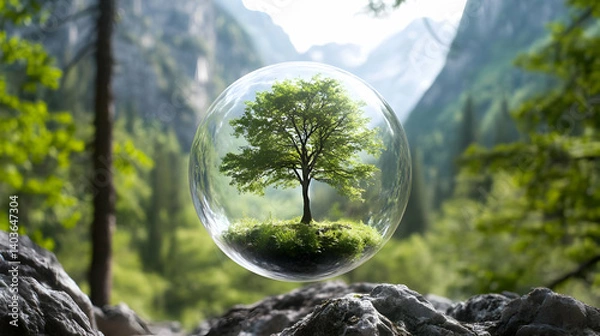Obraz Tree Growing Inside Transparent Glass Sphere in Mountain Landscape Nature Background