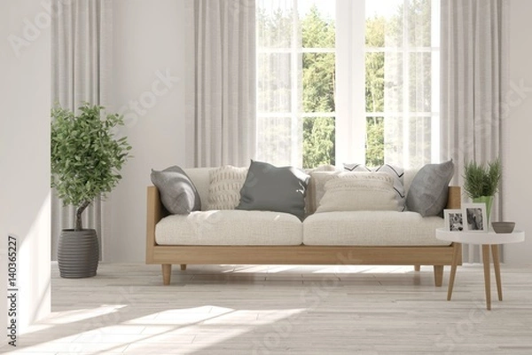 Obraz White room with sofa and green landscape in window. Scandinavian interior design. 3D illustration